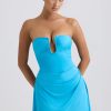 Slinky Jersey Draped A-Line Mini Dress in Aqua Blue
