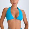 Plunge Hardware-Detail Halterneck Crop Top in Aqua Blue