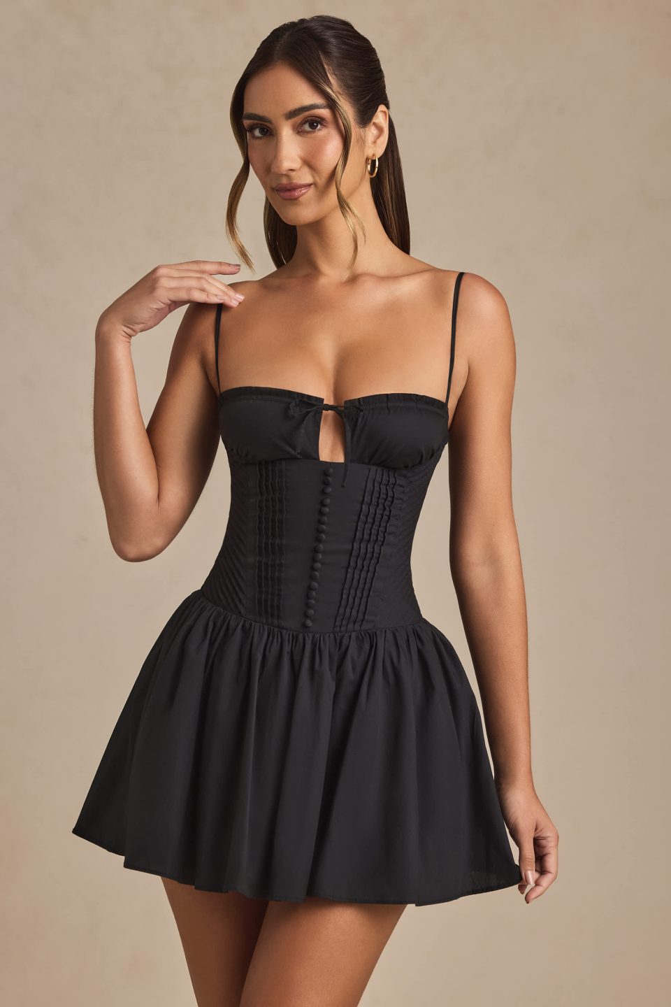 Pintucked Shirred Mini Dress in Black