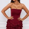 Bandeau Ruffled Tiered Corset Mini Dress in Berry Red