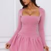 Long-Sleeve Bubble Hem Mini Dress in Mauve