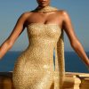 Embellished Scarf-Detail Mini Dress in Gold