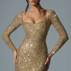 Embellished Sweetheart-Neck Mini Dress in Gold