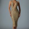 Embellished Cut-Out Open-Back Midaxi Dress in Gold