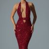 Embellished Cut-Out Open-Back Midaxi Dress in Red