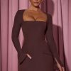 Square-Neck Structured Tulip Mini Dress in Chocolate Brown