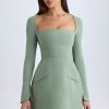 Square-Neck Structured Tulip Mini Dress in Khaki Green