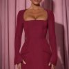 Square-Neck Structured Tulip Mini Dress in Wine Red