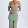 Off-Shoulder Midaxi Dress in Khaki Green