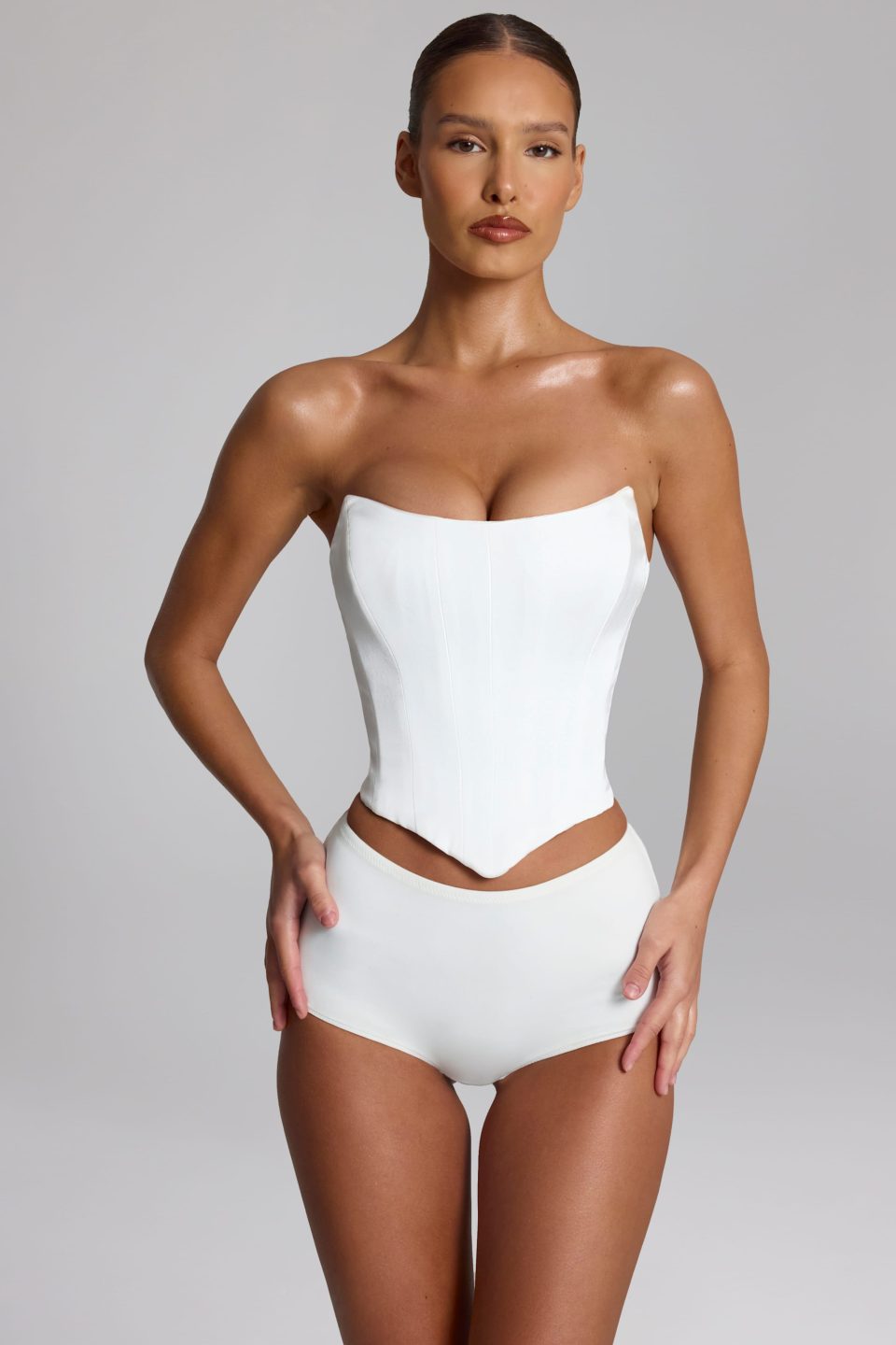 Curved Lace-Up Corset Top in White