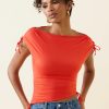 Asymmetric Ruched Cowl-Back Crop Top in Scarlet
