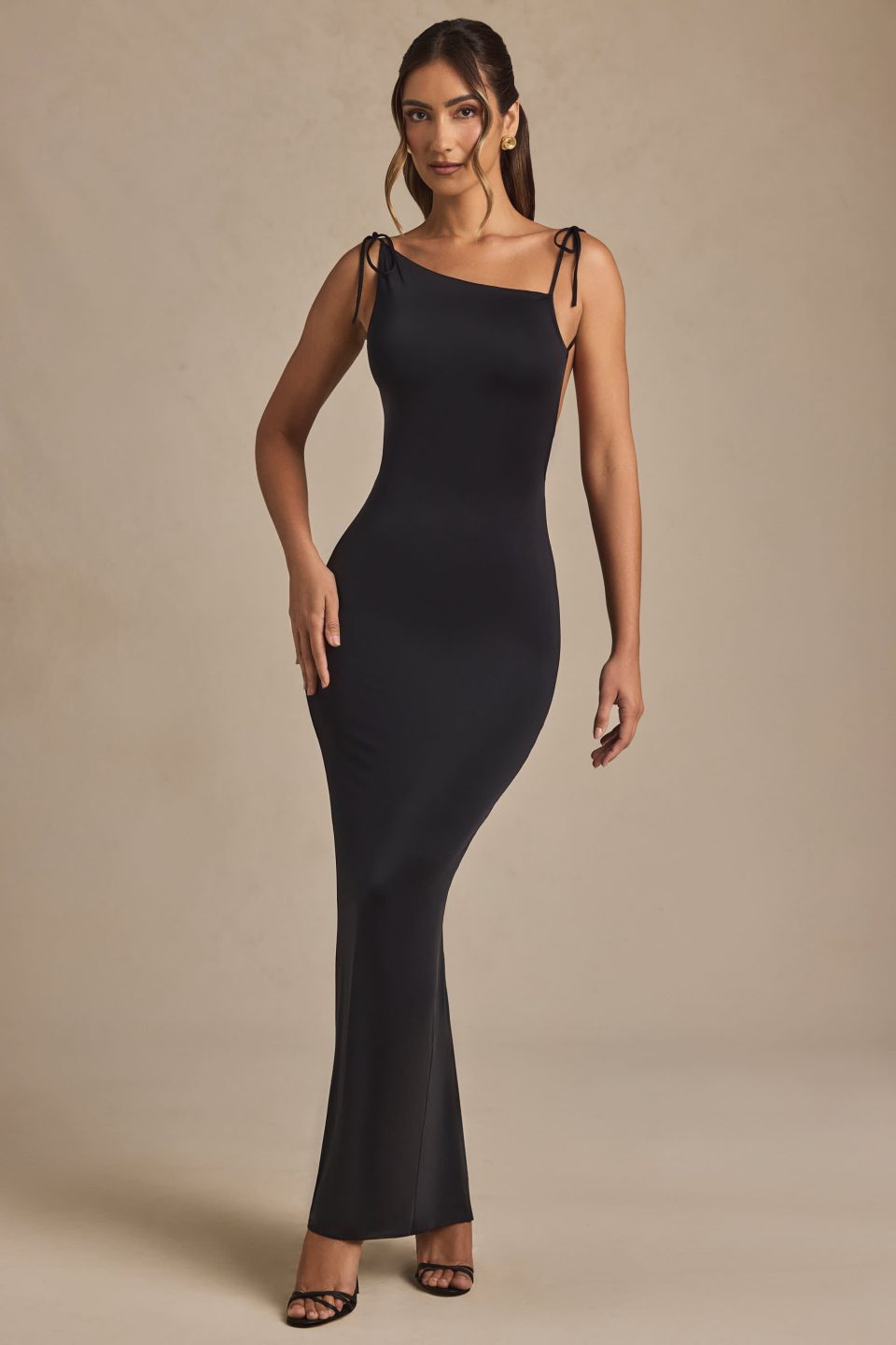Ruched Backless Maxi Dress in Black