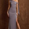 Off-Shoulder Ruched Tie-Detail Maxi Dress in Steel Grey