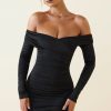 Off-Shoulder Ruched Bodycon Mini Dress in Black