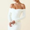 Off-Shoulder Ruched Bodycon Mini Dress in Vanilla