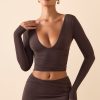 Modal Plunge Long-Sleeve Top in Chocolate Brown