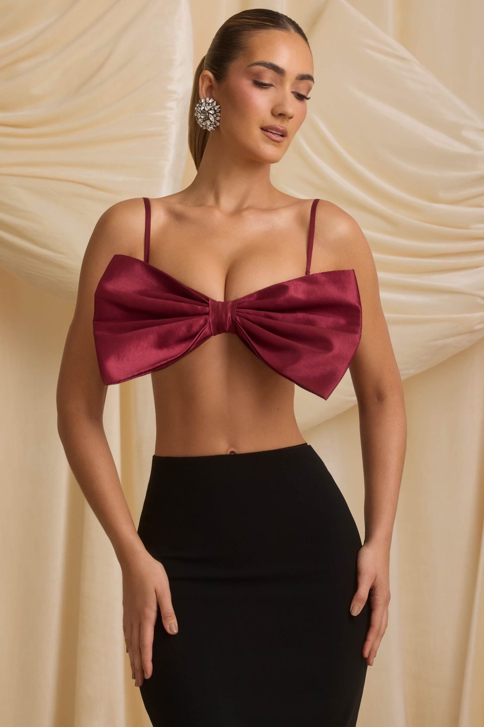 Strapless Bow Crop Top in Wine Red