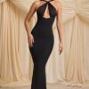Pearl-Detail Halterneck Maxi Dress in Black