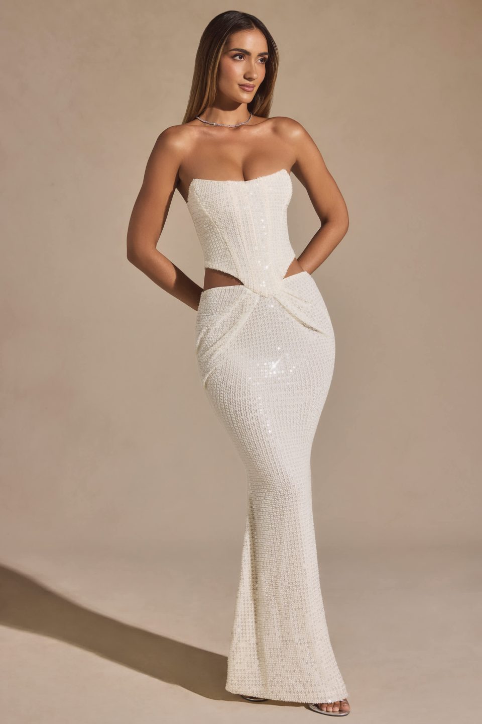 Embellished Cut-Out Draped Corset Gown in White
