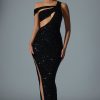 Embellished Asymmetric Cut-Out Gown in Black