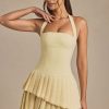 Asymmetric Layered Halterneck Mini Dress in Pastel Yellow