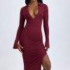 Modal Plunge V-Neck Midaxi Dress in Wine Red
