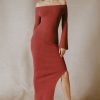 Ribbed-Knit Off-Shoulder Maxi Dress in Brick Red