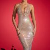 Embellished Plunge Midaxi Dress in Almond