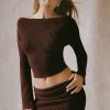 Ribbed-Knit Slash-Neck Top in Espresso