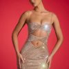 Embellished Cut-Out Mini Dress in Almond