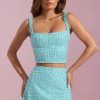Embellished Low-Rise Mini Skirt in Aqua Blue