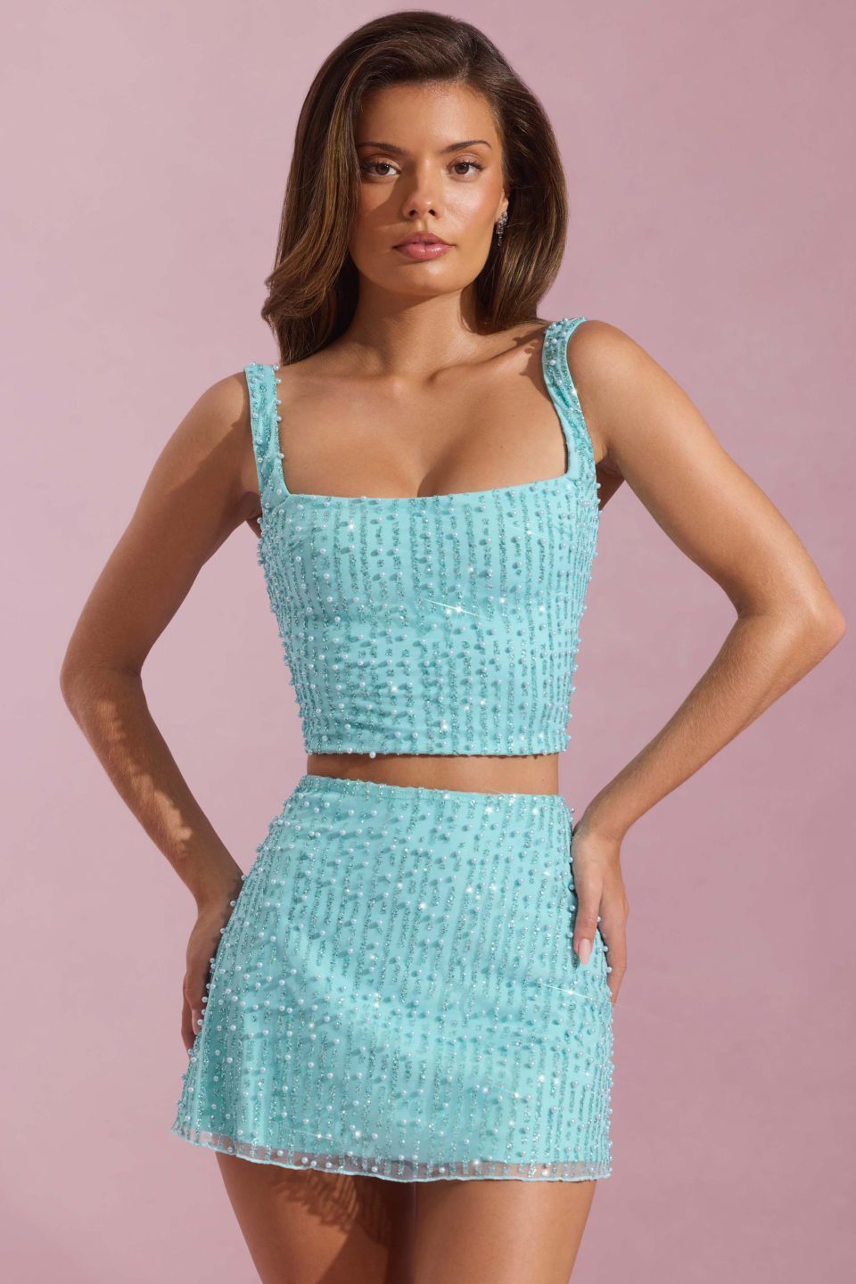 Embellished Low-Rise Mini Skirt in Aqua Blue