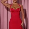 Heart-Detail Halterneck A-Line Mini Dress in Red