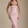 Layered Bra-Detail Fishtail Midaxi Dress in Pink Polka Dot