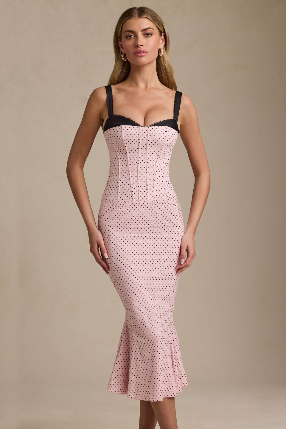 Layered Bra-Detail Fishtail Midaxi Dress in Pink Polka Dot