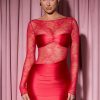 Long-Sleeve Lace-Panel Draped Bodycon Mini Dress in Red