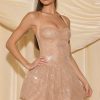 Embellished Halterneck Bubble Hem Mini Dress in Almond