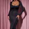 Cowl-Neck Long-Sleeve Midaxi Dress in Black