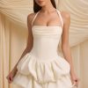 Halterneck Layered Bubble Hem Corset Mini Dress in Ivory