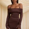 Bow-Detail Off-Shoulder Mini Dress in Chocolate Brown