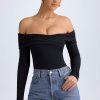 Modal Off-Shoulder Ruched Bodysuit in Black