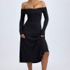 Modal Off-Shoulder Ruched Midaxi Dress in Black