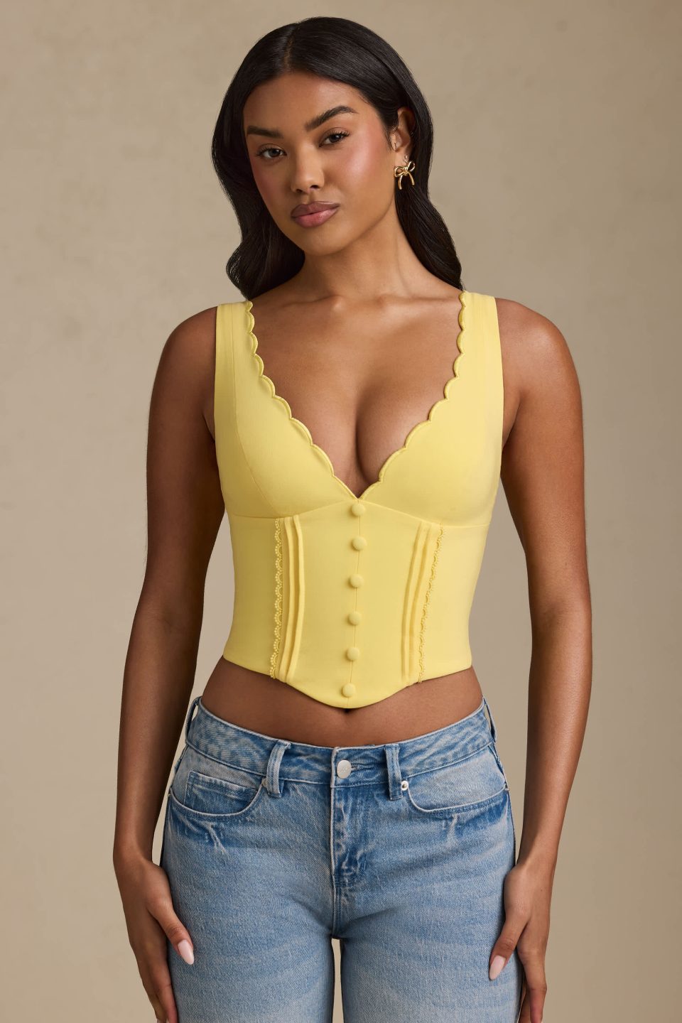 Plunge-Neck Scalloped Corset Top in Pastel Yellow