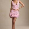 Layered Ruffled Low-Rise Mini Skirt in Soft Pink