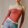 Seamless Off-Shoulder Long-Sleeve Bodysuit in Brick Red