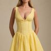 Broderie Anglaise Bow-Detail A-Line Mini Dress in Pastel Yellow