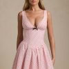 Bow-Detail A-Line Mini Dress in Pink Polka Dot