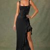 Embellished Ruffle-Trim Corset Gown in Black