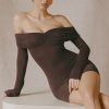 Modal-Cashmere Blend Off-Shoulder Ruched Mini Dress in Espresso