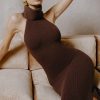 Ribbed-Knit Turtleneck Backless Maxi Dress in Espresso